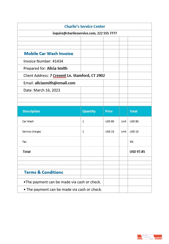 Mobile Car Wash Invoice Template PSD template